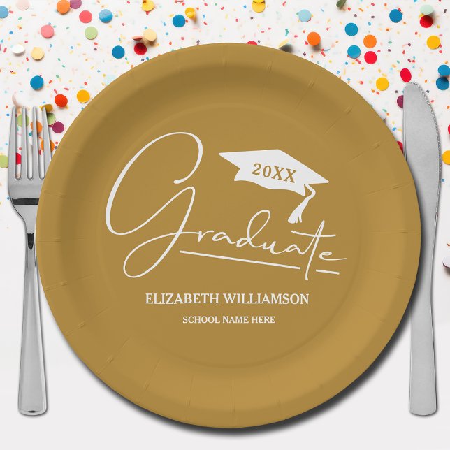 White Script Graduation Cap Gold Paper Plate (Your name, year, grad cap and "Graduate" in a cool script on gold school color paper plates)