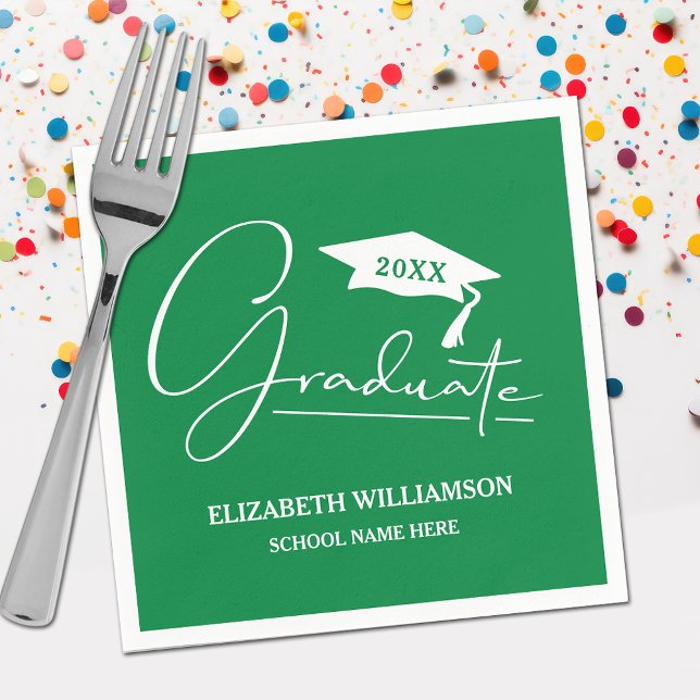 White Script Graduation Cap Green Napkin (Your name, class year and "Graduate" in a cool script on green school color party napkins)