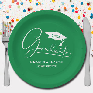 White Script Graduation Cap Green Paper Plate