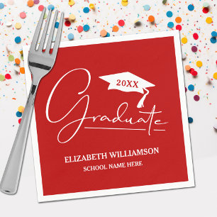 White Script Graduation Cap Scarlet Napkin