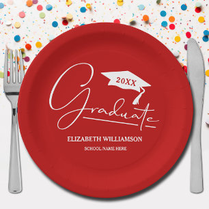 White Script Graduation Cap Scarlet Red Paper Plate