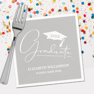 White Script Graduation Cap Silver Grey Napkin
