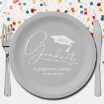 White Script Graduation Cap Silver Grey Paper Plate<br><div class="desc">Silver grey party paper plates feature the word "Graduate, " the class year,  your name and the name of your school in chic lettering. MORE colours and MATCHING items in our collection.</div>