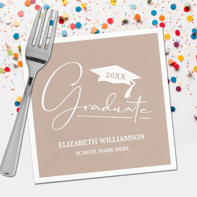 White Script Graduation Cap Taupe Napkin (Your name, class year and "Graduate" in a cool script on taupe party napkins)