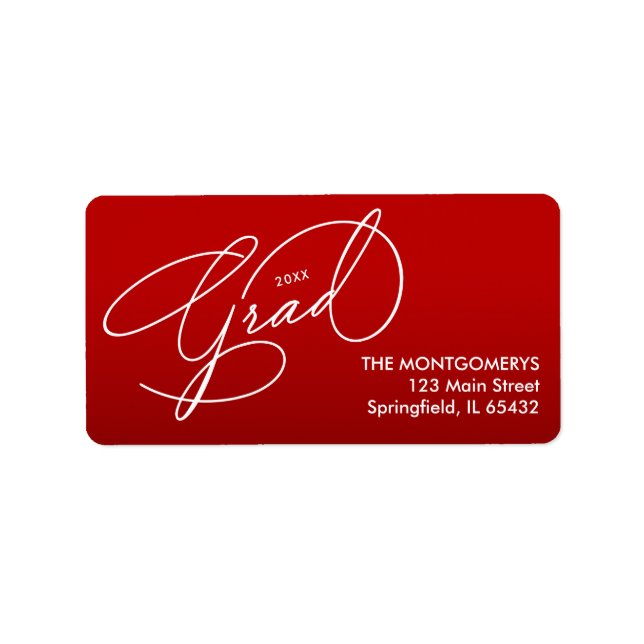 White Script Graduation Scarlet Red Return Address Label (Front)