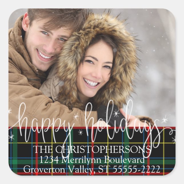 White Script HAPPY HOLIDAYS Photo Return Address Square Sticker (Front)