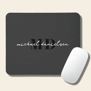 White Script Initial Monogram & Black Minimal Mouse Pad