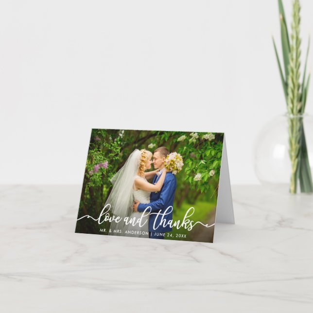 White Script Love and Thanks  Wedding Photo Note Card (Front)
