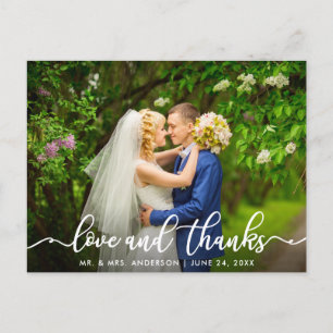 White Script Love and Thanks Wedding Photo Postcard