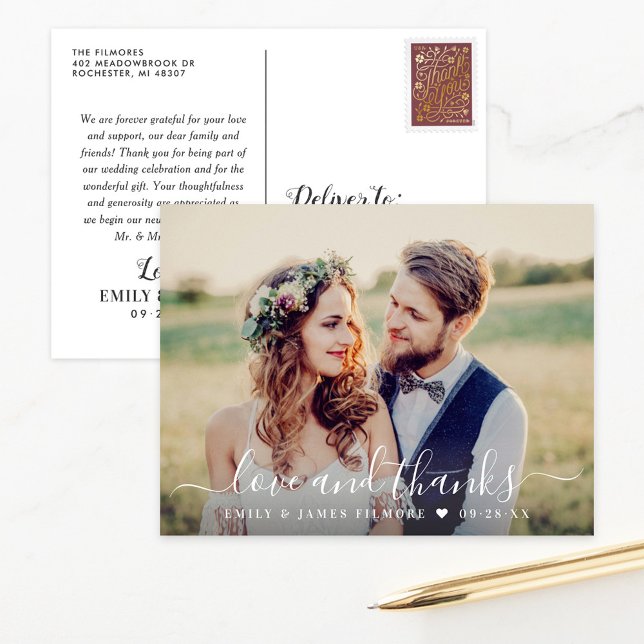 White Script Love and Thanks Wedding Photo Postcard (Creator Uploaded)