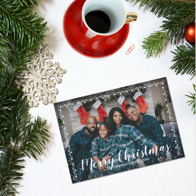 White Script Merry Christmas & Garland Trim Photo Holiday Card (Creator Uploaded)