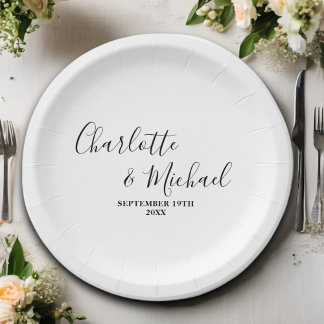 White Script Minimalist Wedding Paper Plate
