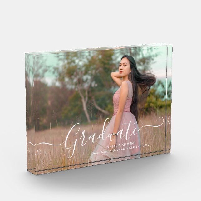 White Script Modern Graduate Graduation Photo Block (Left)