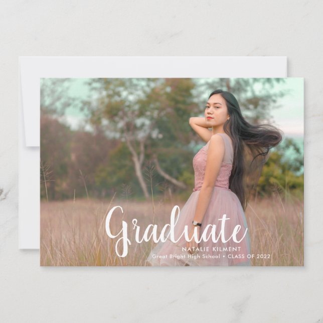 White Script Modern Graduate Photo Graduation Announcement (Front)