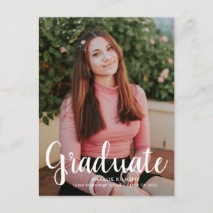 White Script Modern Graduate Photo Graduation Announcement Postcard