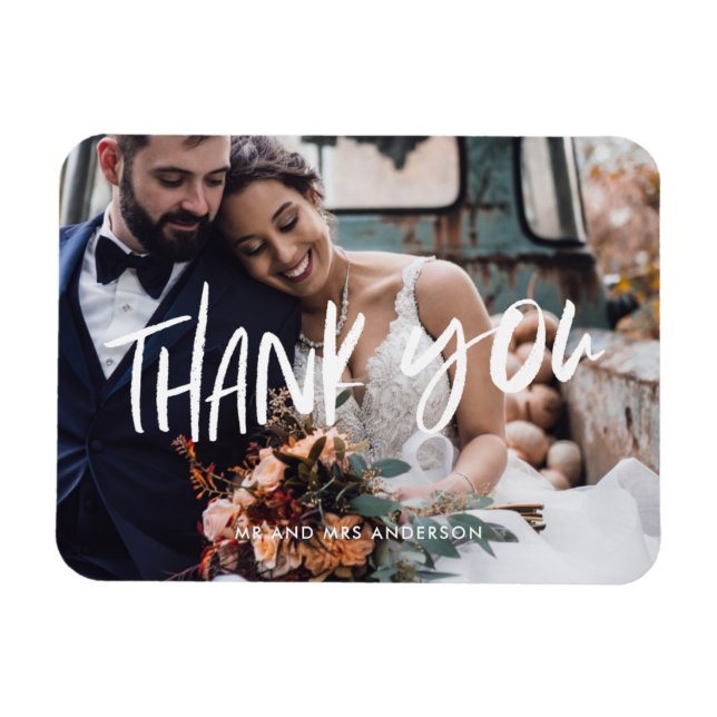 White Script Modern Photo Wedding Thank You Magnet (Horizontal)