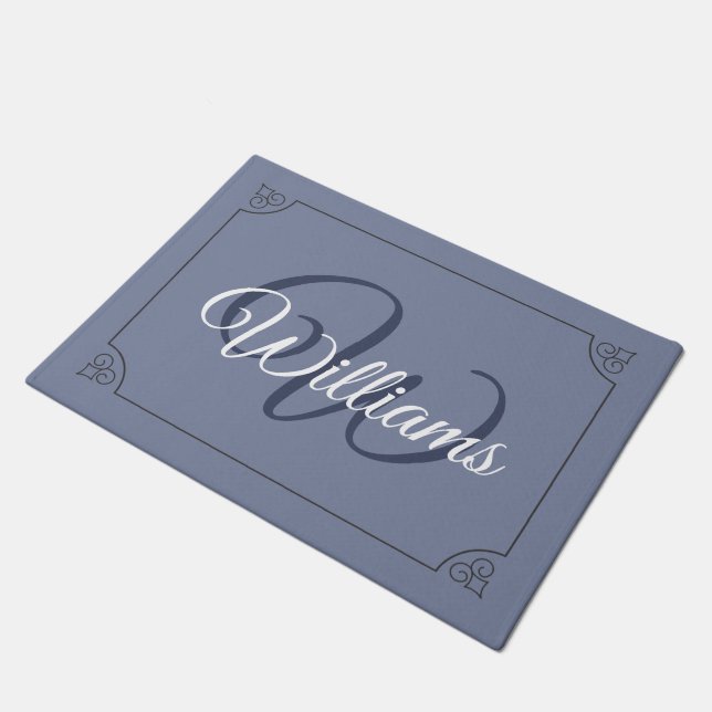 white script monogram blue home doormat  (Angled)