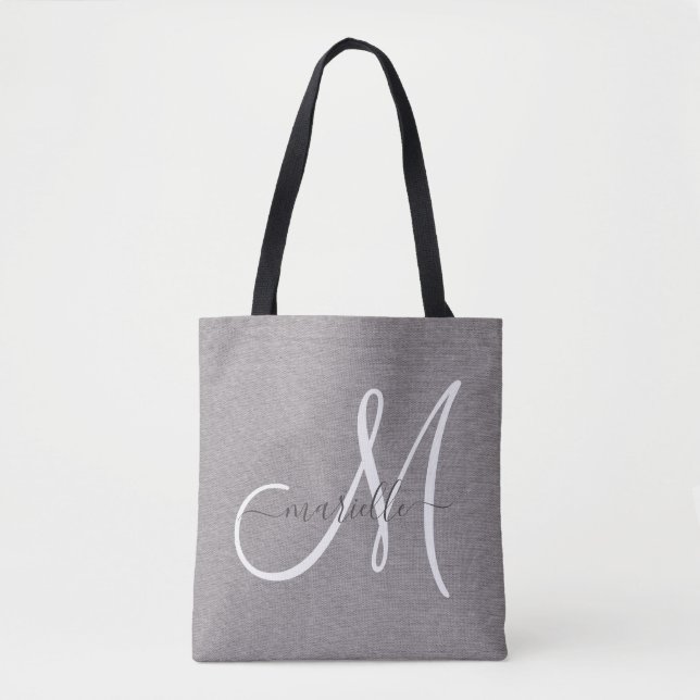 White Script Monogram Grey Linen  Tote Bag (Front)
