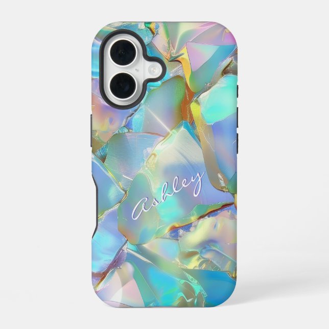 White Script Name on Opal Background iPhone 16 Case (Back)