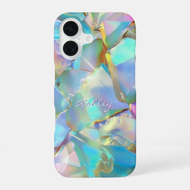 White Script Name on Opal Background iPhone 16 Case (Back)