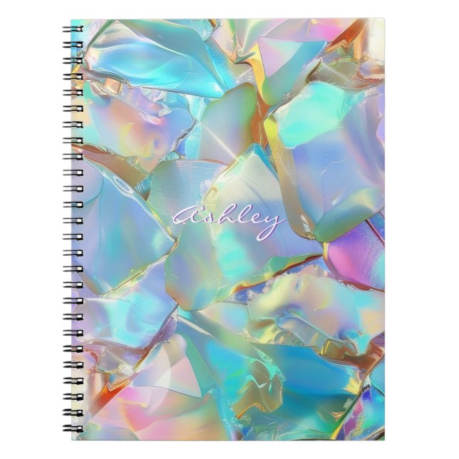 White Script Name on Opal Background Notebook (Front)