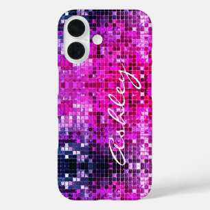 White Script Name on Pink Glitter iPhone 16 Case