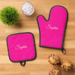 White Script Name or Monogram on Hot Pink Oven Mitt & Pot Holder Set<br><div class="desc">White script name or monogram on hot pink background. Click “Edit” to easily change colours and type styles.</div>