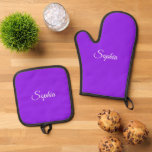 White Script Name or Monogram on Purple Oven Mitt & Pot Holder Set<br><div class="desc">White script name or monogram on purple background. Click “Edit” to easily change colours and type styles.</div>