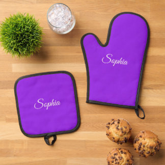 White Script Name or Monogram on Purple Oven Mitt & Pot Holder Set