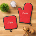 White Script Name or Monogram on Red Oven Mitt & Pot Holder Set<br><div class="desc">White script name or monogram on red background. Click “Edit” to easily change colours and type styles.</div>