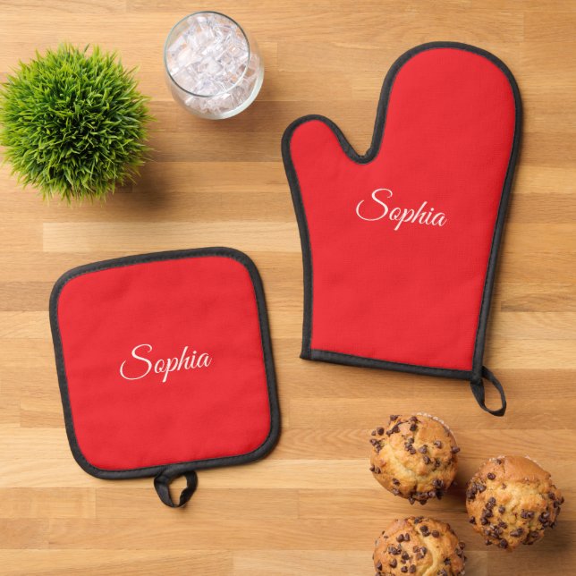White Script Name or Monogram on Red Oven Mitt & Pot Holder Set (Top Down)