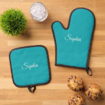 White Script Name or Monogram on Teal Oven Mitt & Pot Holder Set<br><div class="desc">White script name or monogram on teal background. Click “Edit” to easily change colours and type styles.</div>