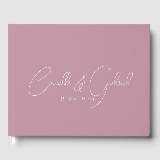 White Script Names Wedding Dusty Pink Guest Book (Front)