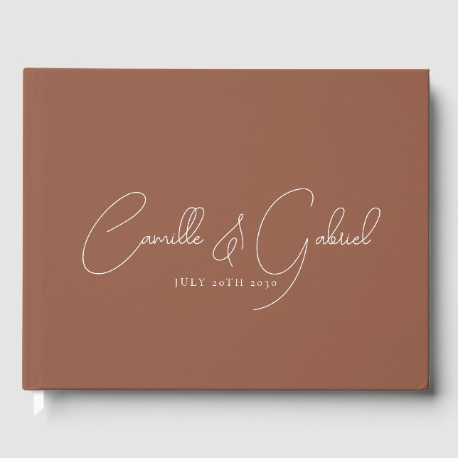 White Script Names Wedding Terracotta Guest Book (Front)