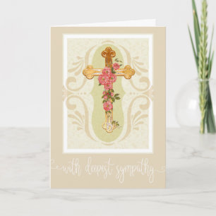 White Script Overlay   Gold Cross Roses Sympathy Card