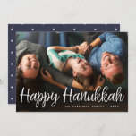 White Script Overlay Happy Hanukkah Full Photo Holiday Card<br><div class="desc">Elegant and festive Hanukkah photo card features "Happy Hanukkah" in handwritten style casual white script typography. Personalise with your family name and the year at the bottom.</div>