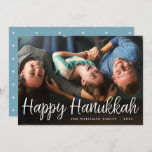 White Script Overlay Happy Hanukkah Full Photo Holiday Card<br><div class="desc">Elegant and festive Hanukkah photo card features "Happy Hanukkah" in handwritten style casual white script typography. Personalise with your family name and the year at the bottom.</div>