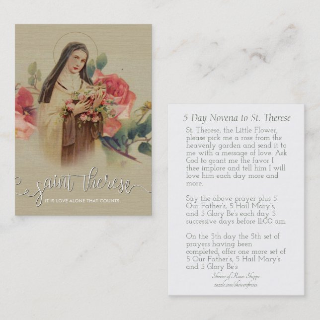 White Script Overlay | St. Therese Little Flower Business Card (Front/Back)