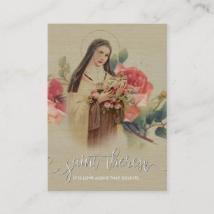 White Script Overlay St. Therese Roses Holy Card