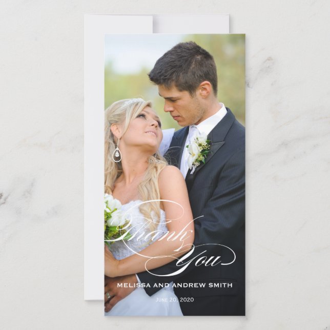 WHITE SCRIPT OVERLAY WEDDING THANK YOU PHOTO CARD (Front)