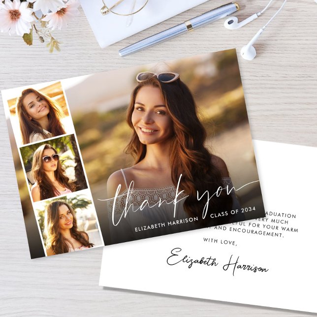 White Script Photo Graduation Thank You Card (Creator Uploaded)