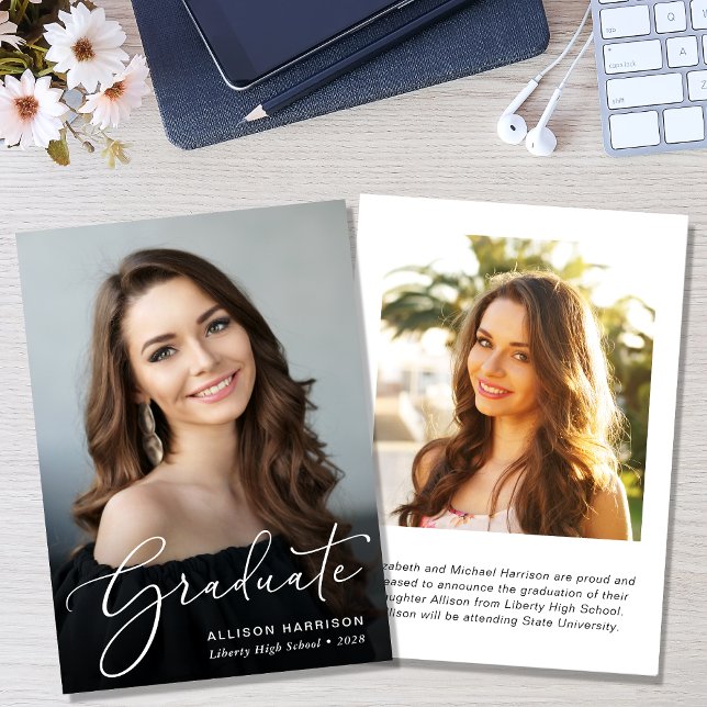 White Script Photo Overlay Graduation Announcement (An elegant photo graduation announcement to celebrate the graduate's achievements)