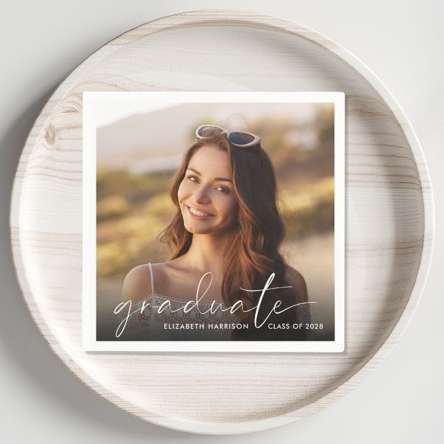 White Script Photo Overlay Graduation Party Napkin (Creator Uploaded)
