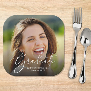 White Script Photo Overlay Graduation Party Paper Plate