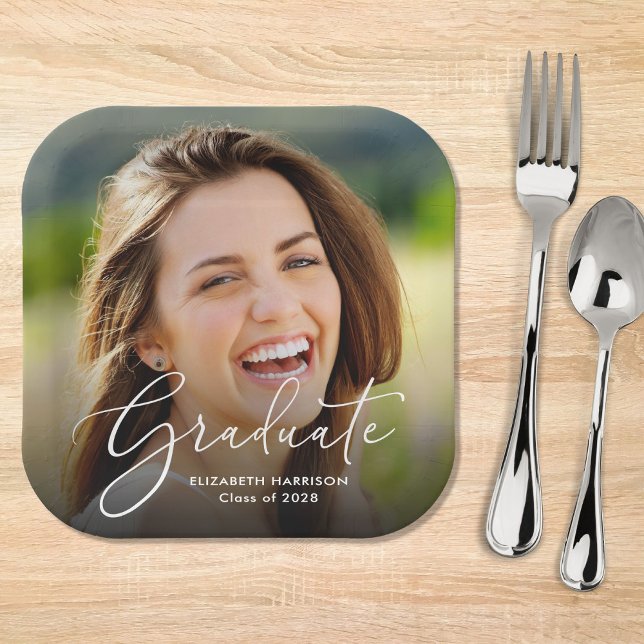 White Script Photo Overlay Graduation Party Paper Plate (Creator Uploaded)