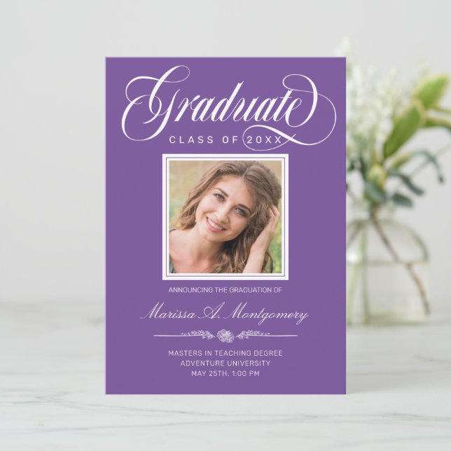 White Script Photo Purple College Graduation Announcement (Standing Front)