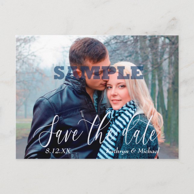 White Script Photo Template Save the Date Wedding Postcard (Front)