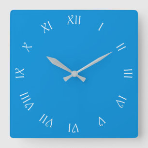 White Script Roman Numbers On Blue wccn Square Wall Clock