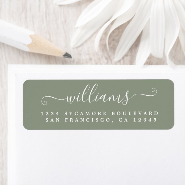 White Script Sage Green Return Address Label (Insitu)