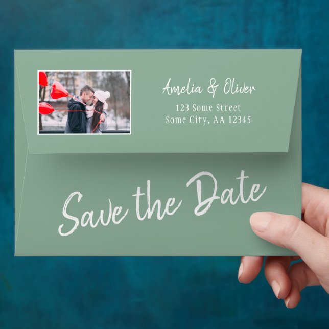 White Script Save the Date Return Address Photo Envelope (Hand)